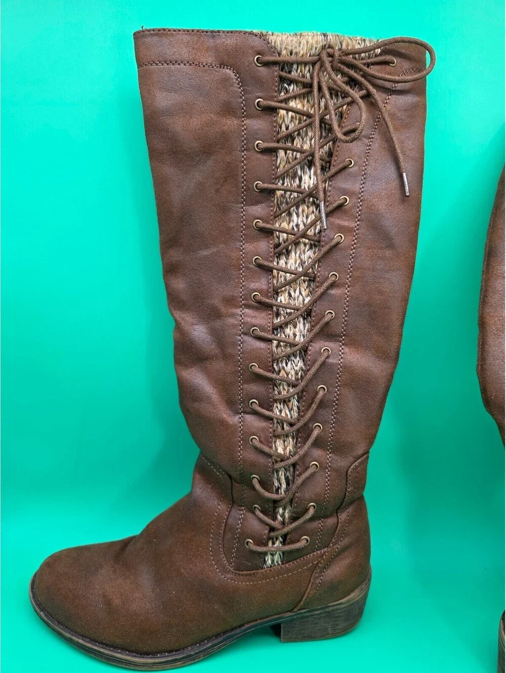 Apt. 9 Women's Tall Lace-Up Boots Brown Knit Back Side Zip Size 7.5M